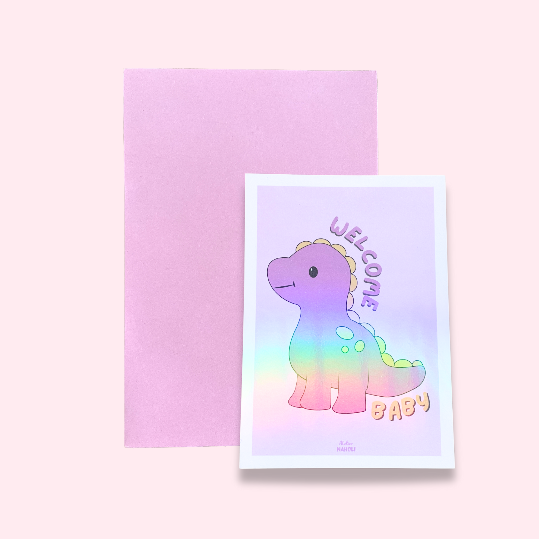 atelier-naholi-carte-welcome-baby-carte-dinosaure-rose-a6 image 1