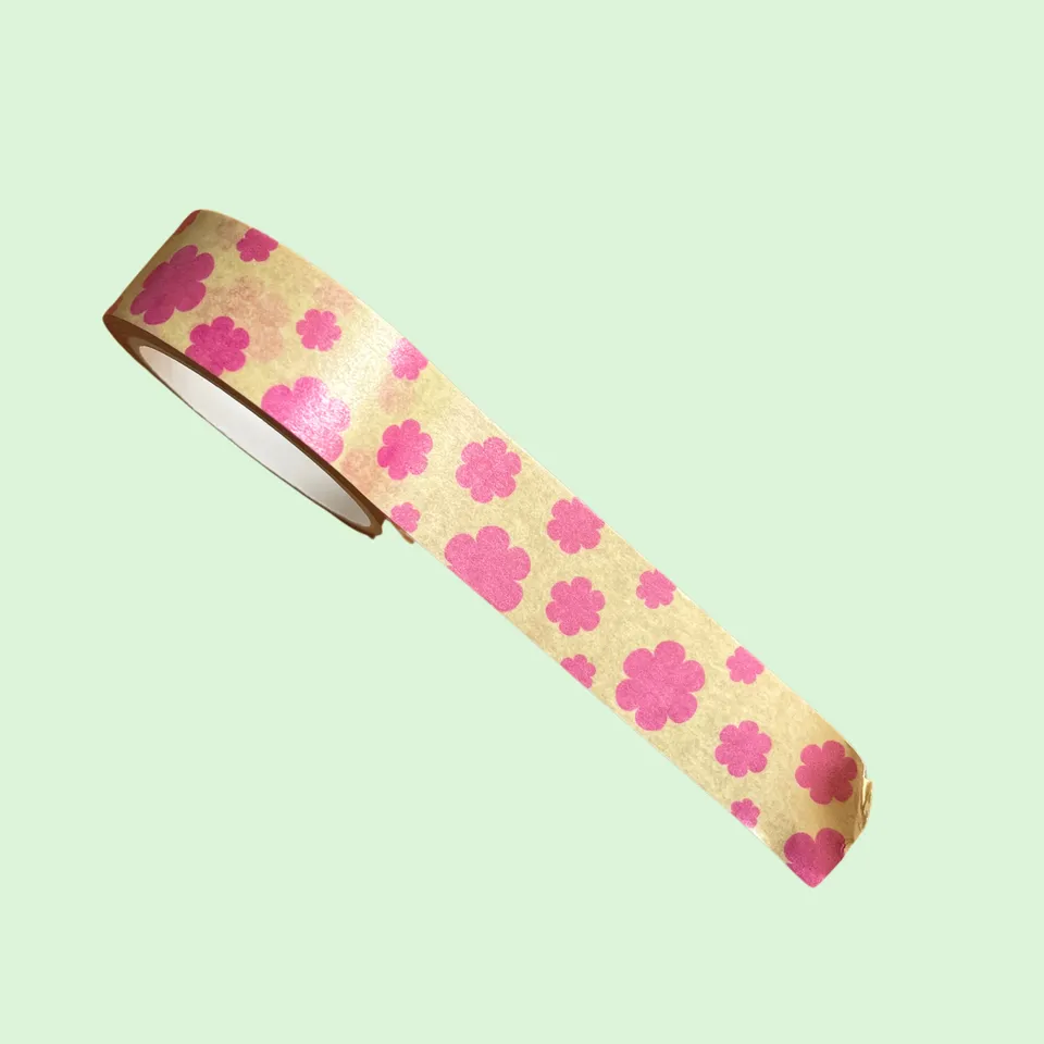 atelier-naholi-washi-tape-jaune-fleurs-roses-ruban-adh-sif-5-m image 1