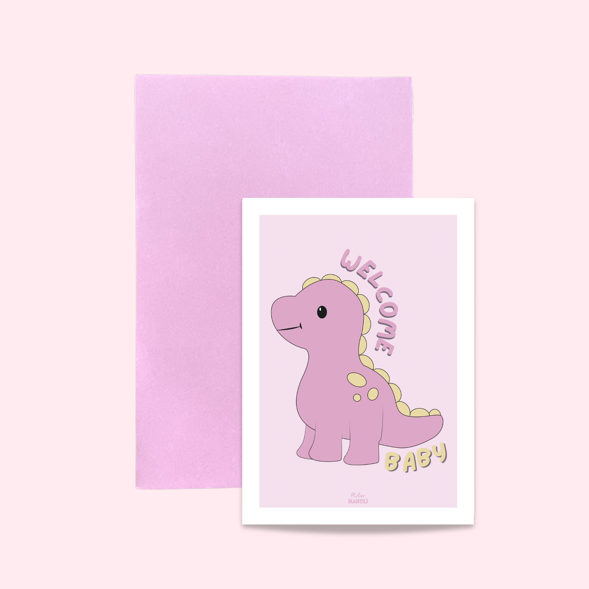 atelier-naholi-carte-welcome-baby-carte-dinosaure-rose-a6 image 2